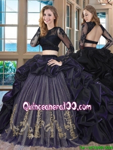 Beautiful Ball Gown Scoop Brush Train Embroideried and Bubble Two Piece Quinceanera Dresses in Purple