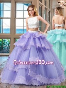 Cheap Straps Beaded Two Piece Backless White and Purple Two Piece Quinceanera Dresses