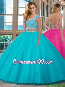 Elegant Puffy Skirt Scoop Cap Sleeves Quinceanera Dress with Ruffles and Beading