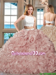 Fashionable Puffy Skirt Straps Beaded and Ruffled Two Piece Backless White and Pink Quinceanera Dresses