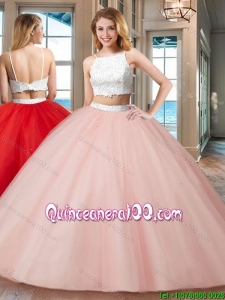 Pretty Ball Gown Straps Tulle Two Piece Backless Quinceanera Dresses White and Pink