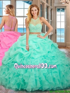 Pretty High Neck Two Piece Open Back Mint Quinceanera Dresses with Beading and Bubbles