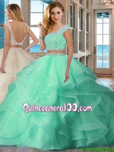Pretty Puffy Scoop Brush Train Backless Two Piece Quinceanera Dresses with Cap Sleeves