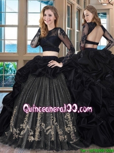 Puffy Scoop Brush Train Long Sleeves Two Piece Black Quinceanera Dresses with Embroidery and Bubbles