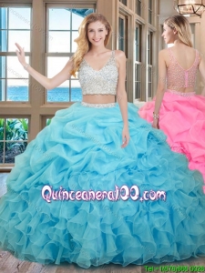 Two Piece Ball Gown V Neck Organza Beaded and Bubbled Quinceanera Dresses in Baby Blue