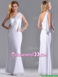 Exclusive Column White Chiffon Backless Dama Dress with One Shoulder