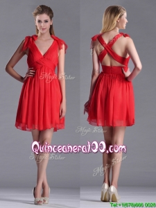 Exclusive V Neck Criss Cross Dama Dress with Ruching and Bowknot