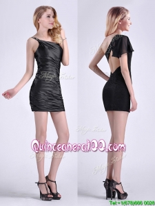 2016 Sexy Criss Cross Beaded Black Short Dama Dress with One Shoulder