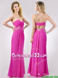 Fashionable Sweetheart Backless Beaded and Ruched Dama Dress in Hot Pink