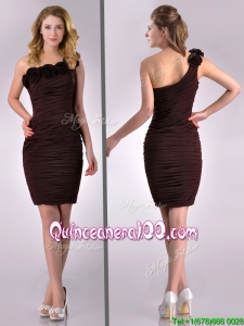 Simple Column One Shoulder Hand Crafted and Ruched Side Zipper Short Dama Dress in Brown
