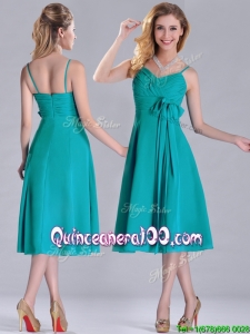 Spaghetti Straps Ruched and Belted Turquoise Dama Dress in Tea Length