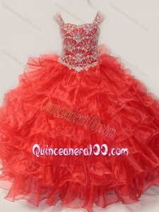 Ball Gown Straps Organza Beaded Bodice Lace Up Little Girl Pageant Dress in Red