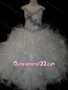 Big Puffy V-neck Ruffled Flower Girl Dress with Spaghetti Straps and Sequins