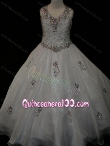 Pretty Ball Gown Beaded and Applique White Flower Girl Dress in Organza