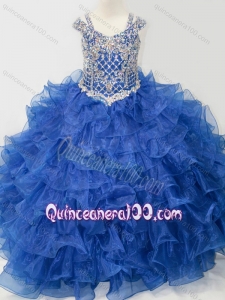 Puffy Skirt V-neck Beaded and Ruffled Layers Little Girl Pageant Dress with Straps