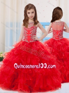 Red Ball Gowns Scoop Organza Beaded Bodice Little Girl Pageant Dress with Side Zipper