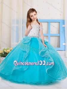 Unique Princess Off the Shoulder Polka Dot Little Girl Pageant Dress in Aqua Blue