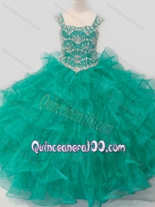 Top Selling Princess Straps Organza Turquoise Lace Up Mini Quinceanera Dress with Beading