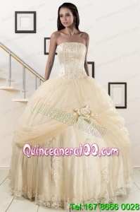 Custom Made Appliques and Hand Made Flower Champagne Beautiful Quinceanera Dresses