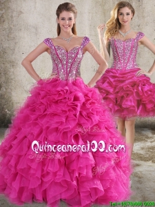 Classical Ruffled and Beaded Bodice Detachable Quinceanera Dress in Hot Pink