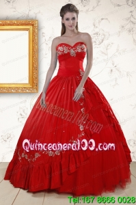 2015 Cheap Sweetheart Red Puffy Sweet 16 Dresses with Embroidery