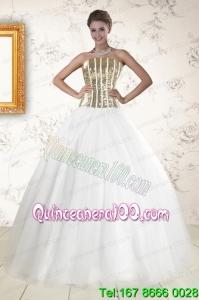 2015 Most Popular Hot Tulle Strapless Sequins White Quinceanera Dresses