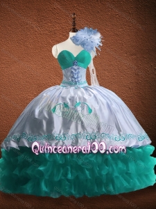 Elegant Embroidered and Patterned Organza and Taffeta Custom Made Quinceanera Dresses in Turquoise and White