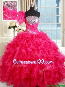 Affordable Strapless Organza Hot Pink Quinceanera Dress with Ruffles and Sequins