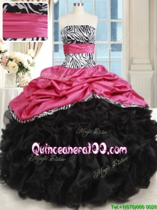 Beautiful Zebra Strapless Hot Pink and Black Quinceanera Dress with Ruffles and Bubbles