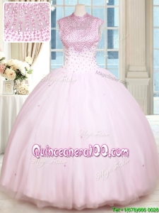 Latest See Through Beaded Decorated High Neck Zipper Up Baby Pink Quinceanera Dress in Tulle