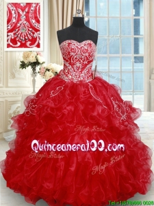 Classical Beaded Brush Train Red Quinceanera Dresses with Embroidery and Ruffles