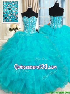 Designer Visible Boning Aqua Blue Quinceanera Dress with Ruffles and Beading