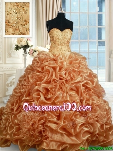 Fashionable Beaded and Bubble Organza Champagne Quinceanera Dress with Brush Train