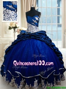 Hot Sale Court Train Royal Blue Quinceanera Dress with Lace Appliques and Bubbles