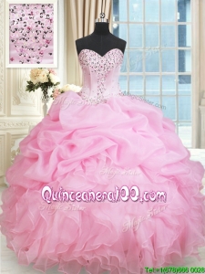 Latest Ruffled Beaded and Bubble Rose Pink Quinceanera Dress in Organza