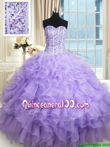Lovely Visible Boning Ruffled and Beaded Bodice Organza Quinceanera Dress in Lavender