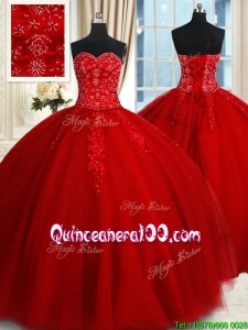 Modern Big Puffy Tulle Red Quinceanera Dress with Appliques and Beading