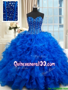 Most Popular Visible Boning Royal Blue Quinceanera Dress with Ruffles and Beading