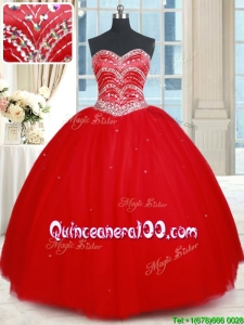 New Style Really Puffy Beaded Sweetheart Red Quinceanera Dress in Tulle