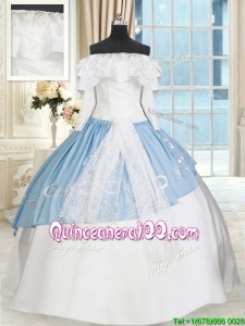 Perfect Off the Shoulder White and Light Blue Quinceanera Dress with Long Sleeves