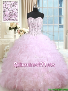 Perfect Visible Boning Ruffled and Beaded Bodice Lilac Quinceanera Dress in Organza