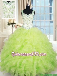 Popular Straps Organza Ruffled and Beaded Quinceanera Dress in Yellow Green