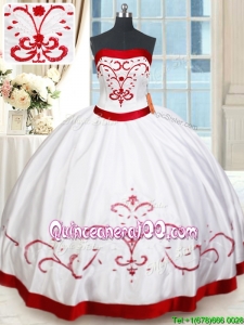 Pretty Strapless Satin White and Red Quinceanera Dress with Beading and Embroidery