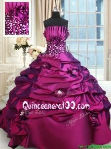 Romantic Strapless Bubble Handcrafted Flowers Quinceanera Dress with Brush Train