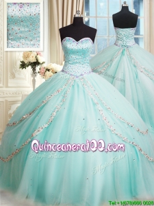 Romantic Tulle Beaded Bodice Apple Green Quinceanera Dress with Brush Train