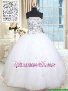 Simple Really Puffy Beaded Bodice Strapless Tulle Quinceanera Dress in White