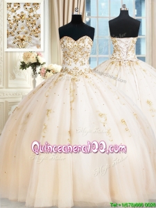 Top Seller Puffy Skirt Sweetheart Beaded Champagne Quinceanera Dress in Tulle