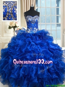 Unique Royal Blue Sweetheart Organza Quinceanera Dress with Ruffles and Beading