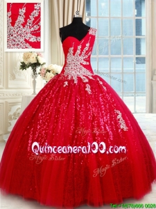 Wonderful One Shoulder Applique and Beaded Quinceanera Dress in Tulle and Sequins