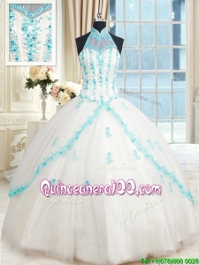 Cheap Visible Boning Halter Top Quinceanera Dress with Appliques and Beading